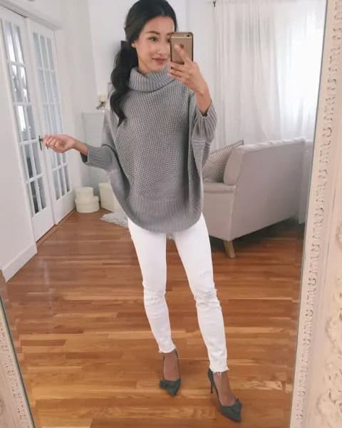 Grey Ribbed Sweater with White Skinny Jeans