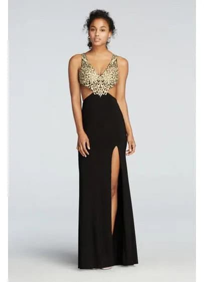 Two-Toned Sequin and Chiffon Side Cut Out Maxi Fit and Flare Dress