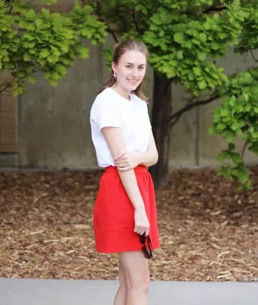 White Tee with Red Mini Cotton Skirt