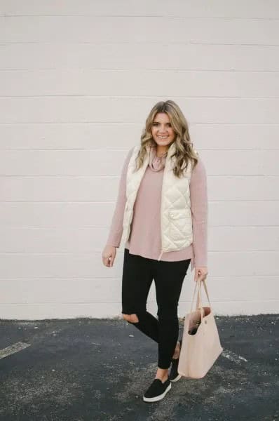 White Quilted Down Vest with Light Grey Sweater & Black Jeans