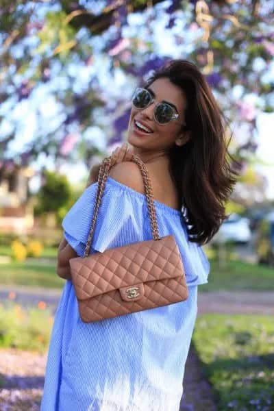 Sky Blue Off The Shoulder Shirt Dress with Green Quilted Purse