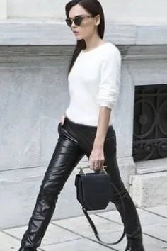 White Fitted Sweater with Black Leather Leggings