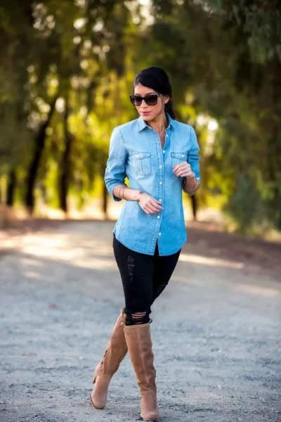 Light Blue Denim Shirt with Black Ripped Jeans & Camel Heeled Knee High Boots