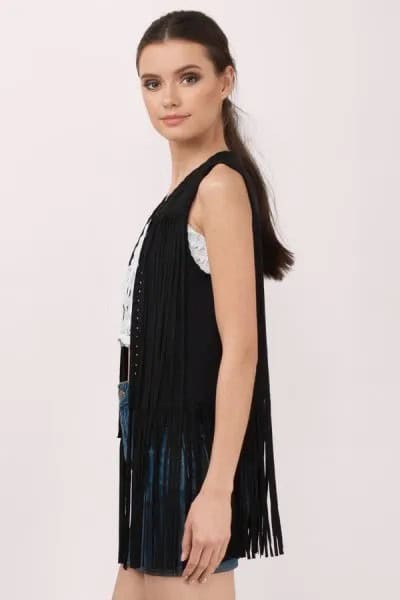 Black Sleeveless Fringe Long Vest with Denim Mini Shorts