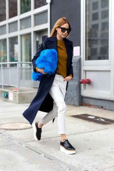 Dark Navy Blue Long Wool Coat with Black and White Platform Loafers