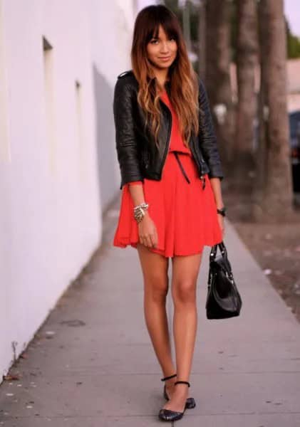 Orange Mini Pleated Dress with Black Leather Jacket & Ankle Strap Leather Flats