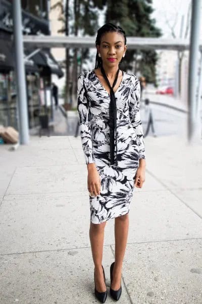 Black and White Long Sleeve Floral Printed Mini Wrap Dress with Tie