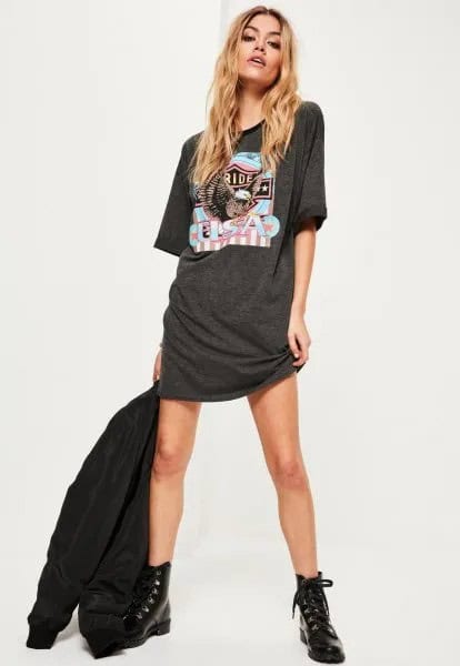 Grey Graphic Tee Dress with Black Bomber Jacket & Boots