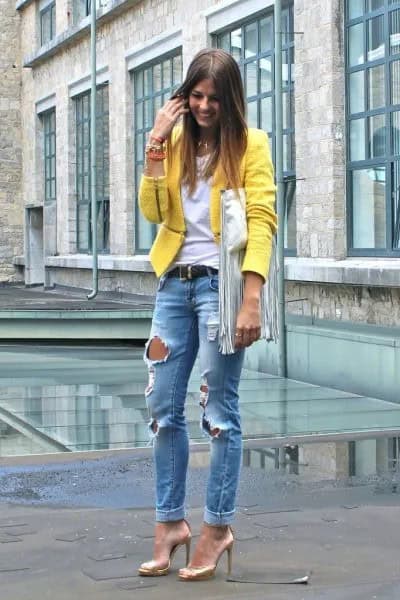 Yellow Blazer with Blue Ripped Boyfriend Jeans with Gold Evening Shoes