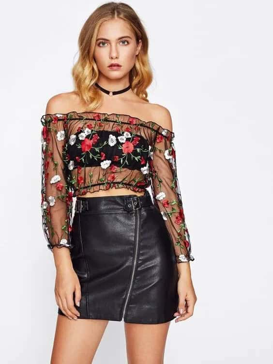 Leather Skirts + Embroidered Mesh Top