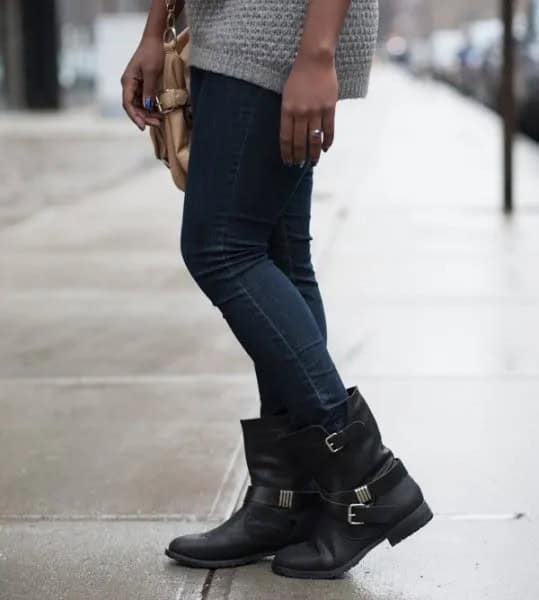 Light Grey Knit Sweater Dress with Dark Skinny Jeans & Black Leather Ankle Boots