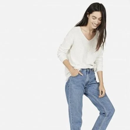 White Chunky V Neck Cotton Sweater with Boyfriend Jeans