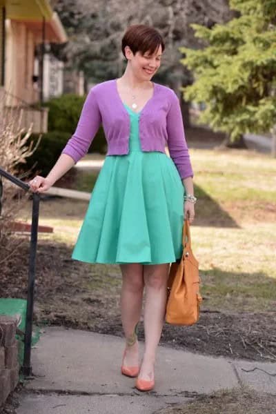 Pink Cropped Sweater Cardigan with Grey Knee Length Pleated Dress