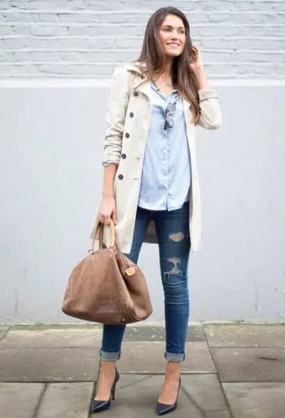 Beige Long Coat with Light Blue Shirt & Ripped Skinny Jeans