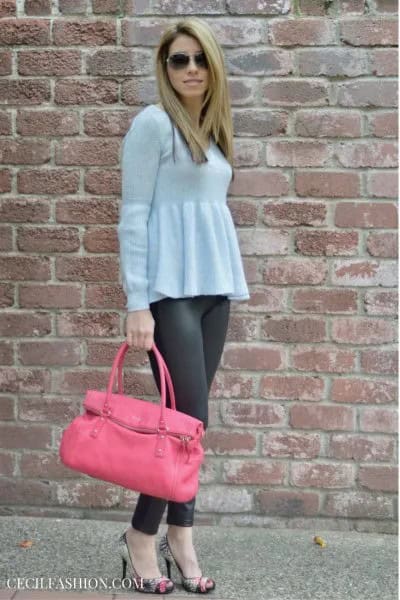 Light Blue Peplum Sweater with Grey Leggings