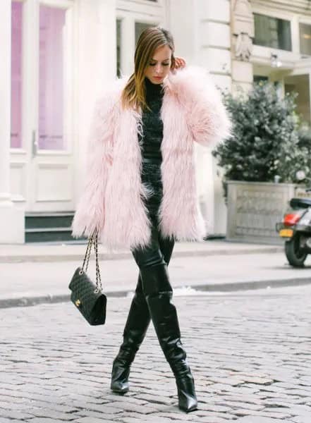 Pink Coat with All-Black Outfit