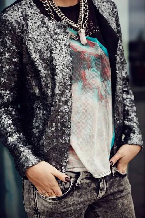 Sequin Bomber Jacket with Print Tee