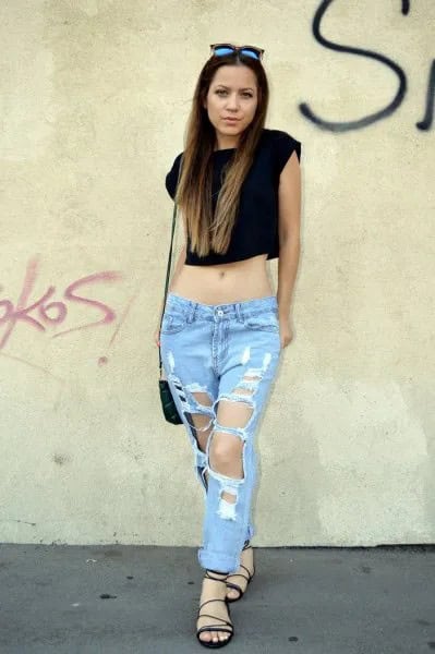 Black Sleeveless Cropped Tee with Super Ripped Boyfriend Jeans