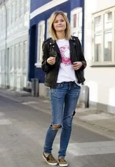 Black Denim Blazer with Ripped Blue Jeans & Animal Print Canvas Shoes