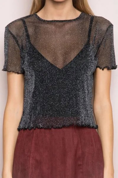 Black Glitter Semi-Sheer Top with Brown Suede Mini Skirt