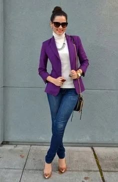 Purple Blazer with White Turtleneck Sweater