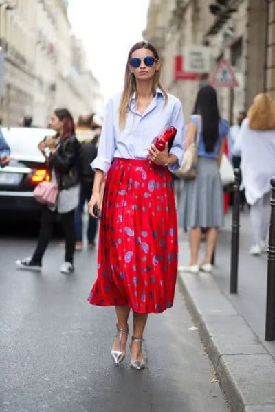 Light Blue Button Up Shirt with Red Polka Dot Midi Skirt