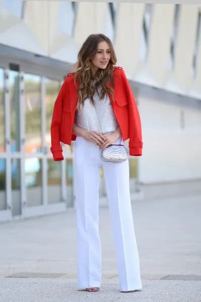 White Dress Pants with Lace Top & Red Blazer