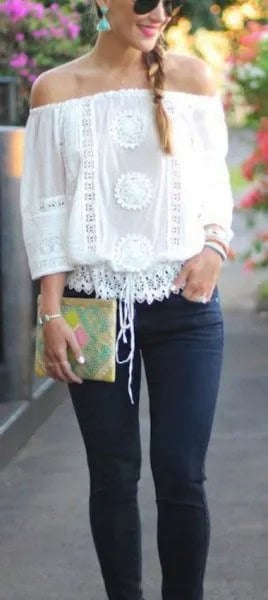 White Crochet Lace Off The Shoulder Top with Skinny Jeans