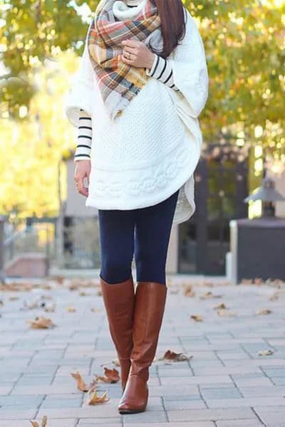 White Wide Half Sleeve Tunic Sweater with Brown Leather Knee High Boots