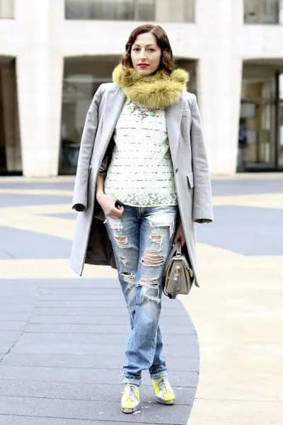 Green Faux Fur Scarf with Long Grey Coat & Boyfriend Jeans