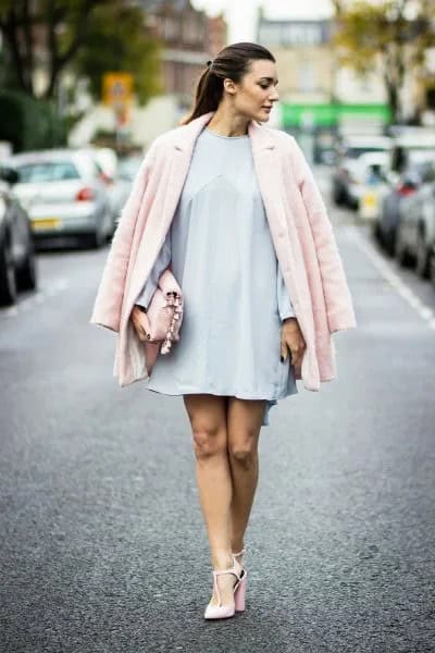 Light Sky Blue Swing Dress with Pale Pink Coat