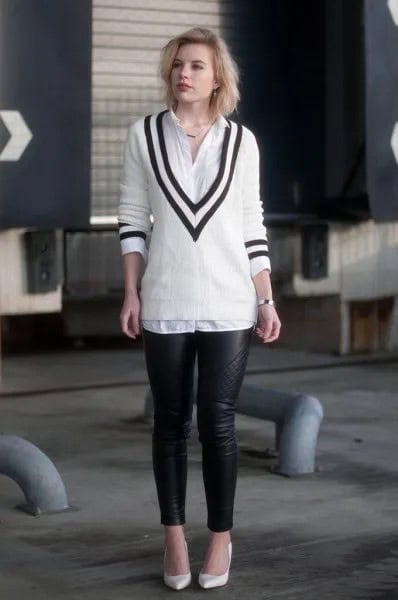 White and Black V Neck Sweater with Button Up Shirt & Leather Leggings