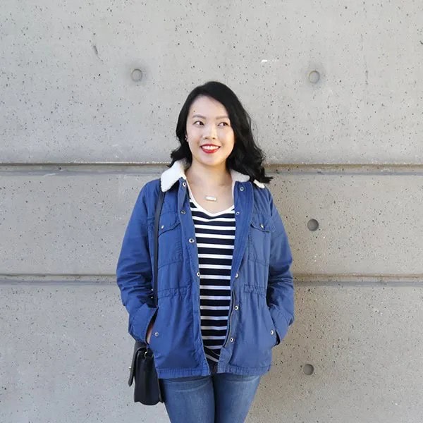 Blue Sherpa Lined Jacket with Striped V Neck Tee