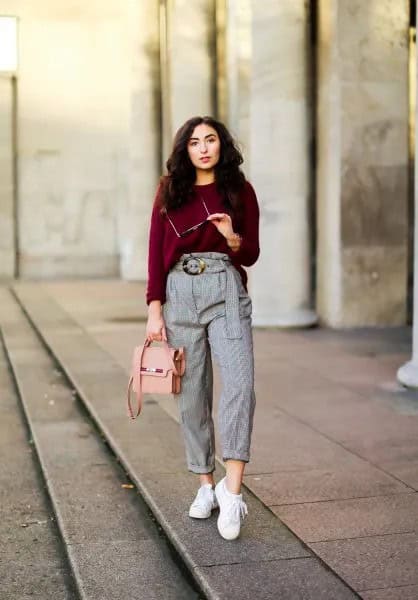 Dark Green Sweatshirt with High Rise Cuffed Checkered Pants