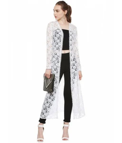 White Maxi Floral Lace Shrug with Black Crop Top & Skinny Jeans