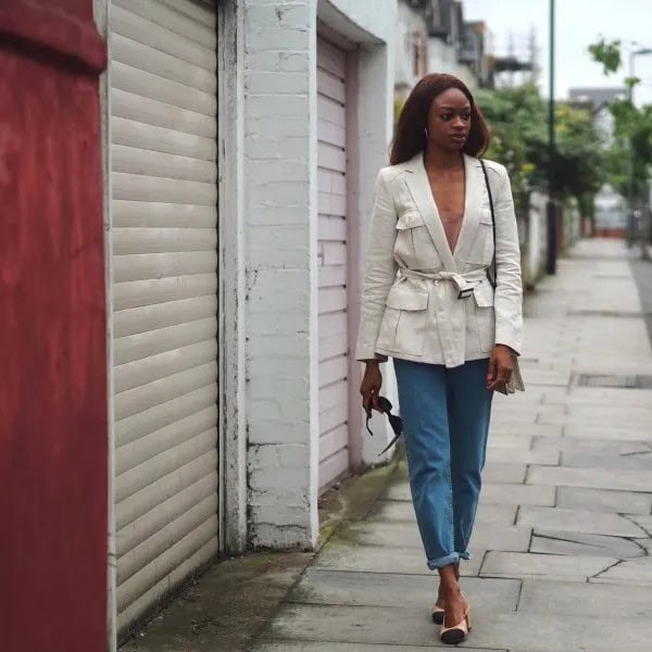 White Belted Linen Jacket with Blue Straight Leg Jeans