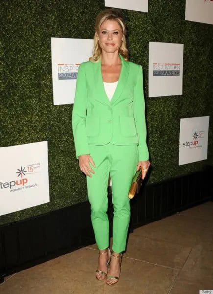 Light Green Suit With White Scoop Neck T Shirt & Silver Heels