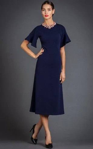 Navy Short Sleeve Midi Flared Dress