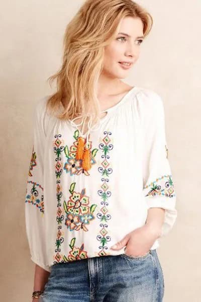 Embroidered Peasant Top with Washed Skinny Jeans