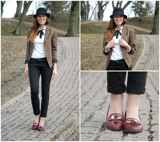 Grey Suede Jacket with White Blouse & Burgundy Loafers