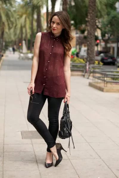 Burgundy Chiffon Semi-Sheer Black Collar Shirt