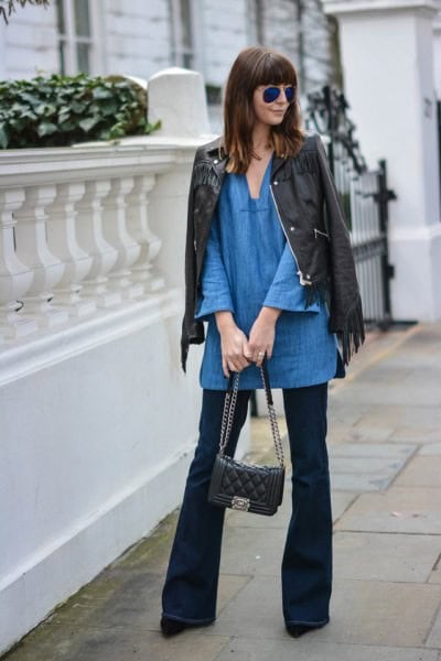 Blue V Neck Tunic with Black Leather Jacket & Flared Jeans