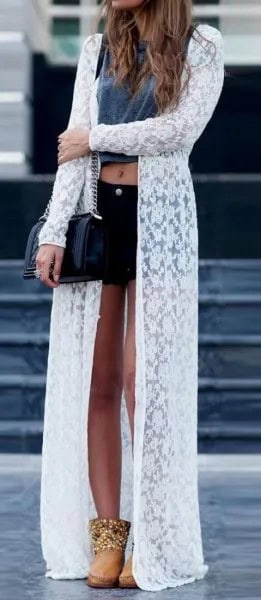 White Maxi Floral Printed Sheer Cardigan with Grey Crop Top & Black Mini Denim Shorts