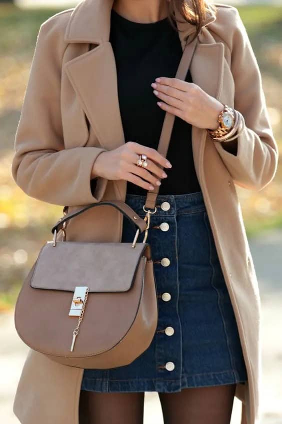 Long or Short Camel Coat + Denim Skirt