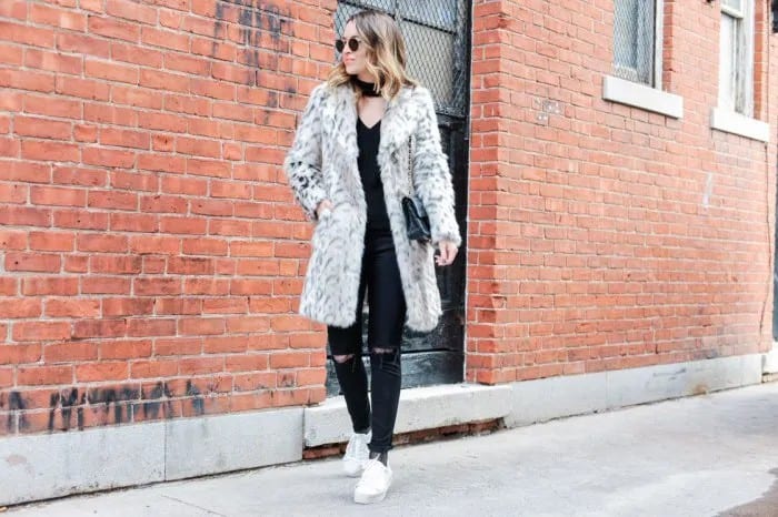 White Faux Fur Long Coat with Ripped Jeans & Sneakers