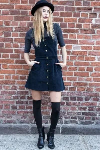 Blue Corduroy Button Up Overall Dress with Felt Hat