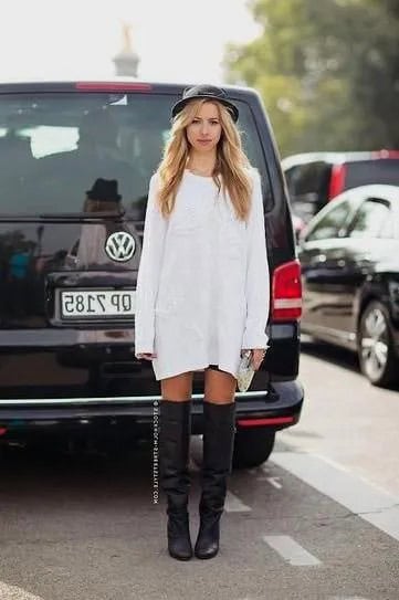 White Long Sleeve Dress with Black Felt Hat & Leather Boots