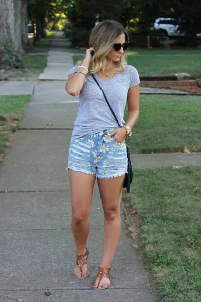 Grey Fitted T Shirt with Blue Denim Cut Off Shorts