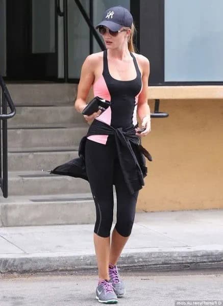 Navy Blue Baseball Cap with Black Scoop Neck Tank Top & Exercise Leggings