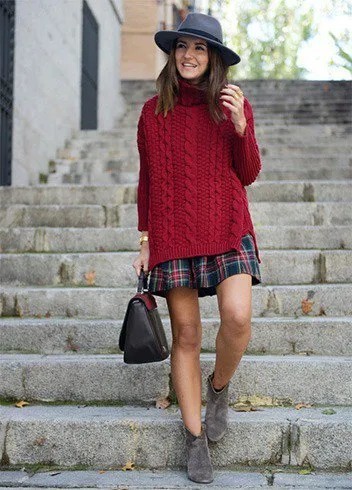 Burgundy Oversized Cable Knit Sweater with Navy and Red Plaid Skirt